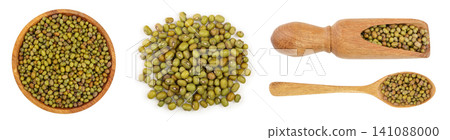 Mung beans in a wooden bowl isolated on white background. Top view 141088000