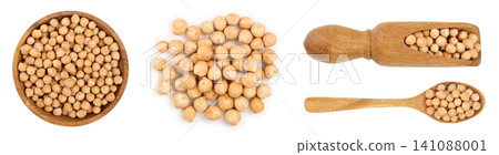 Dry raw organic chickpeas in wooden bowl isolated on white background. Top view Dry raw organic chickpeas in wooden bowl isolated on white background. Top view 141088001