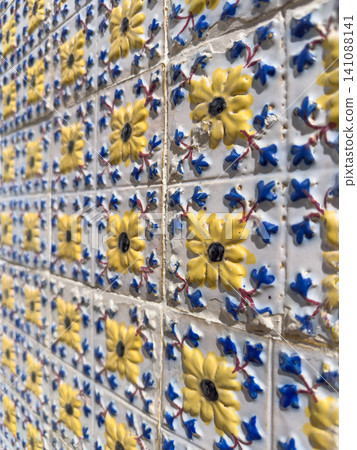 Vintage Portuguese Tiles Featuring Yellow Floral Motifs Vintage Portuguese Tiles Featuring Yellow Floral Motifs 141088141
