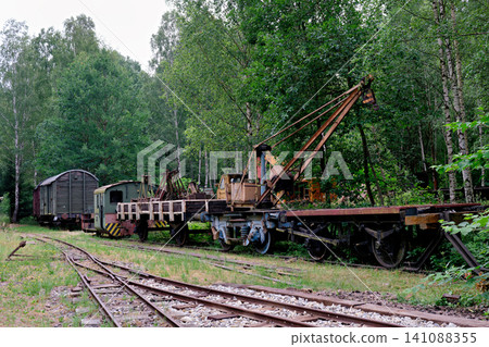 Vintage narrow gauge railway train with maintenance crane wagon parked on tracks surrounded by trees Vintage narrow gauge railway train with maintenance crane wagon parked on tracks surrounded by trees 141088355