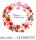 Flower nature greeting card with colorful flowers with butterflies and pink ribbon. Vector. 141088707