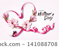 Mother's day holiday background  with pink flowers and pink ribbon with butterfliy. Vector. 141088708
