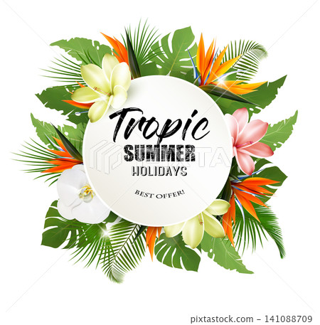 Summer Holiday Background With Tropical Plants And Exotic Flowers. Vector Summer Holiday Background With Tropical Plants And Exotic Flowers. Vector 141088709