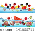 Two frames with fresh fruits and berries splashing in water waves with air bubbles and sunbeams. Raspberry, blueberry, strawberry, peach, cherry, mango, meloun. Vector. 141088711
