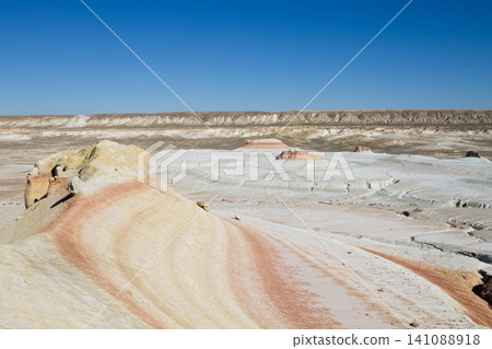Kyzylkup area landscape, Mangystau desert. Rock strata formations Kyzylkup area landscape, Mangystau desert. Rock strata formations 141088918