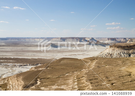 Bozzhira valley aerial view, Mangystau region, Kazakhstan Bozzhira valley aerial view, Mangystau region, Kazakhstan 141088939