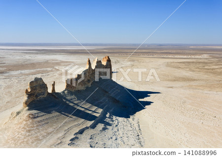Stunning Mangystau landscape, Kazakhstan. Ak Orpa pinnacles aerial view, Bozzhira valley 141088996