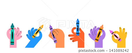 Colorful hands with crayons doodles collection for back to school, preschool education and Colorful hands with crayons doodles collection for back to school, preschool education and 141089242