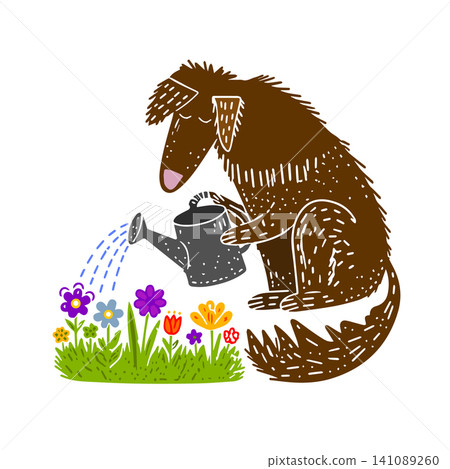 A dog waters flowers Hand drawn. Not AI, vector illustration. A dog waters flowers Hand drawn. Not AI, vector illustration. 141089260