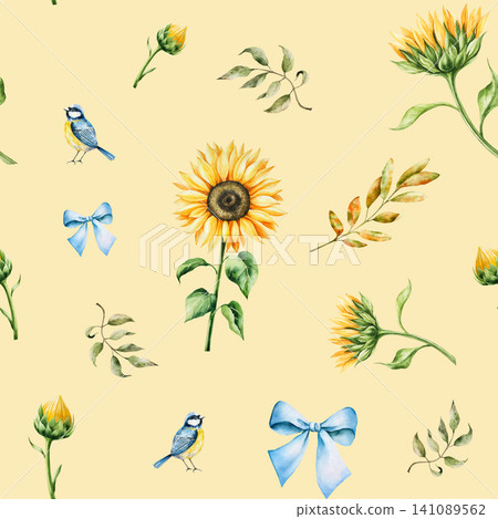 Watercolor seamless pattern with bright yellow sunflowers in warm autumn tones with blue tit perche. Botanical hand drawn illustration isolated on background. Ideal for seasonal, halloween, forest, or Watercolor seamless pattern with bright yellow sunflowers in warm autumn tones with blue tit perche. Botanical hand drawn illustration isolated on background. Ideal for seasonal, halloween, forest, or 141089562