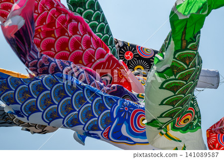Carp streamer swimming in the blue sky in May Carp streamer swimming in the blue sky in May 141089587