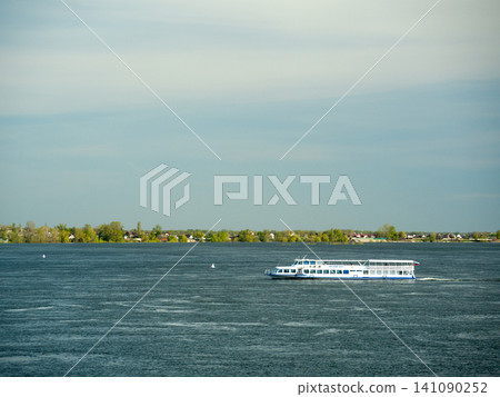 River cruise boat on Volga River near Volgograd city, Russia River cruise boat on Volga River near Volgograd city, Russia 141090252