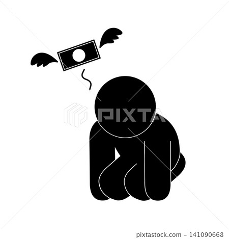 A simple pictogram of a person depressed by money flying away. A simple pictogram of a person depressed by money flying away. 141090668