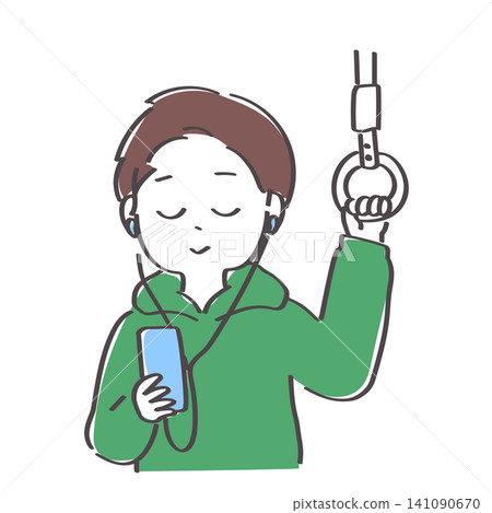 An illustration of a young man listening to music with his eyes closed on a train. An illustration of a young man listening to music with his eyes closed on a train. 141090670