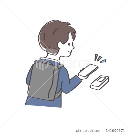 一位年輕的日本商人背對著鏡頭，正在用智慧型手機進行非接觸式支付。 141090671
