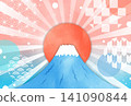 A background illustration featuring a red sun, Japanese-style clouds, and a sunrise. 141090844