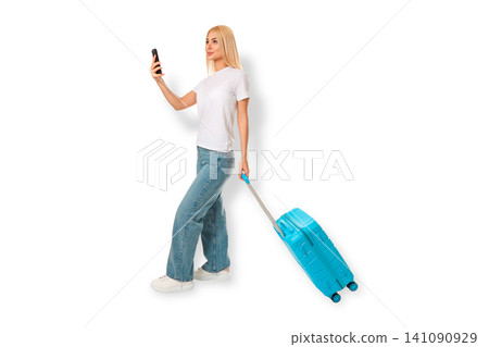 Woman with suitcase takes selfie in travel location, PNG Woman with suitcase takes selfie in travel location, PNG 141090929