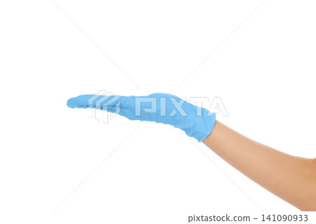 Gloved hand positioned flat in a hygienic gesture, isolated, PNG 141090933