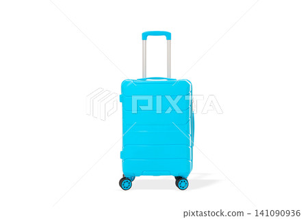 Bright blue suitcase stands tall with wheels, PNG Bright blue suitcase stands tall with wheels, PNG 141090936