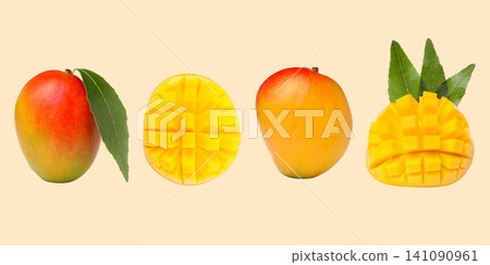 Fresh mangoes showcased from whole to sliced pieces, highlighting texture and color Fresh mangoes showcased from whole to sliced pieces, highlighting texture and color 141090961