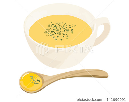 Corn chowder and a spoonful of it using a wooden spoon. Corn chowder and a spoonful of it using a wooden spoon. 141090991