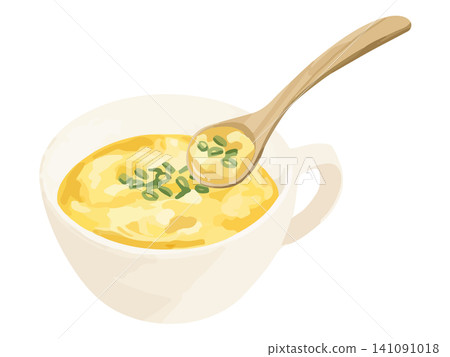 Egg soup and a wooden spoon scooping up the soup. 141091018