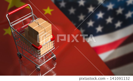 Shopping Cart Parcels Between China And America Trade Flags 3d render. Shopping Cart Parcels Between China And America Trade Flags 3d render. 141091132