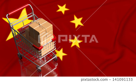 Shopping Cart Packages Over China Flag For Global E commerce 3d render. Shopping Cart Packages Over China Flag For Global E commerce 3d render. 141091133