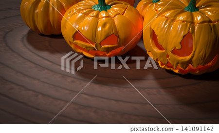 Spooky Halloween Jack O Lantern Pumpkins On Dark Table 3d render. Spooky Halloween Jack O Lantern Pumpkins On Dark Table 3d render. 141091142