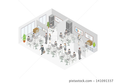Isometric illustration of a company's office space and its employees at work. Isometric illustration of a company's office space and its employees at work. 141091337