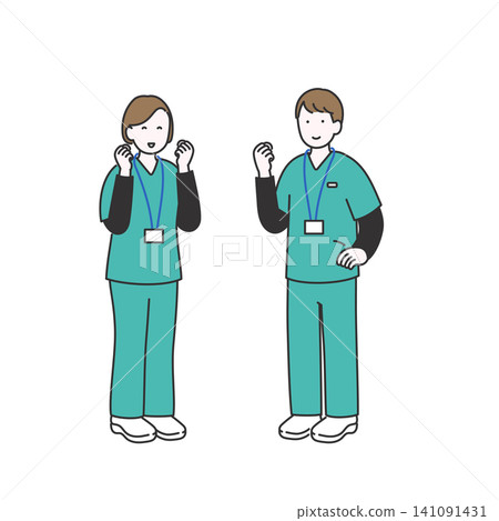 男女醫護人員面帶微笑,擺出勝利姿勢的全身插圖。 男女醫護人員面帶微笑,擺出勝利姿勢的全身插圖。 141091431