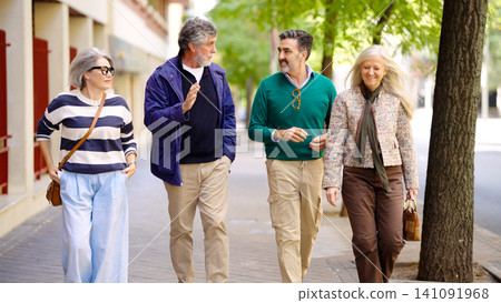 Group of senior friends walking and conversing outdoors Group of senior friends walking and conversing outdoors 141091968