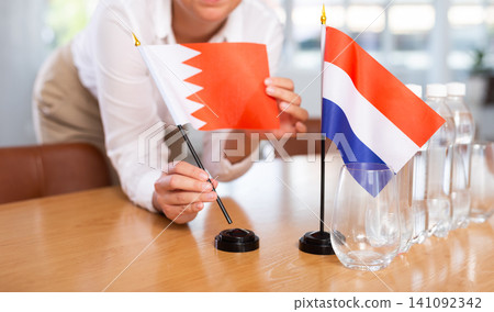 Unrecognizable girl set midget flags of Netherlands and Bahrain before international negotiations Unrecognizable girl set midget flags of Netherlands and Bahrain before international negotiations 141092342