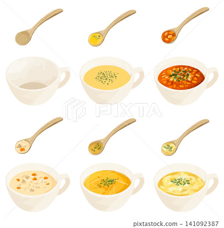 A set of various cup soups and one wooden spoon. A set of various cup soups and one wooden spoon. 141092387