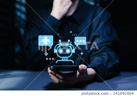 AI healthcare chatbot and medical support technology concept. virtual assistant, health chat, medical cross, patient communication, online consultation, digital care automation, remote service support AI healthcare chatbot and medical support technology concept. virtual assistant, health chat, medical cross, patient communication, online consultation, digital care automation, remote service support 141092804