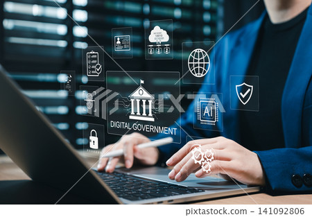 Digital government technology and secure public service management concept. online identity verification, cloud data, AI administration, legal transformation, smart E governance workflow cybersecurity Digital government technology and secure public service management concept. online identity verification, cloud data, AI administration, legal transformation, smart E governance workflow cybersecurity 141092806