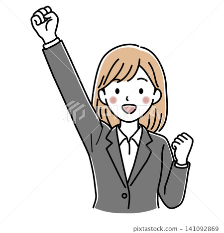 Vector illustration of a female office worker (upper body) raising one hand in cheering. Vector illustration of a female office worker (upper body) raising one hand in cheering. 141092869