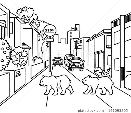 A black and white illustration of a bear crossing a road. 141093205