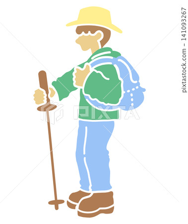 側面彩色插圖,描繪了一名男子攀爬或徒步旅行的情景。 側面彩色插圖,描繪了一名男子攀爬或徒步旅行的情景。 141093267