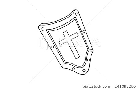 Line drawing illustration of a Western shield with a cross on it. Line drawing illustration of a Western shield with a cross on it. 141093290
