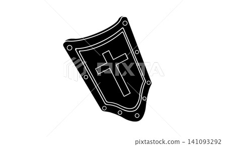 A black and white illustration of a Western shield with a cross on it (with a white outline). A black and white illustration of a Western shield with a cross on it (with a white outline). 141093292