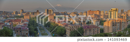 Wide panorama of Yerevan Cascade park with Opera house and mount Ararat at sunset Wide panorama of Yerevan Cascade park with Opera house and mount Ararat at sunset 141093469