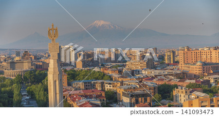 Yerevan panorama with Revived Armenia monument and mount Ararat at sunset with copy space Yerevan panorama with Revived Armenia monument and mount Ararat at sunset with copy space 141093473