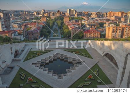 Yerevan Cascade terrace view with Opera house and mount Ararat at sunset with copy space Yerevan Cascade terrace view with Opera house and mount Ararat at sunset with copy space 141093474