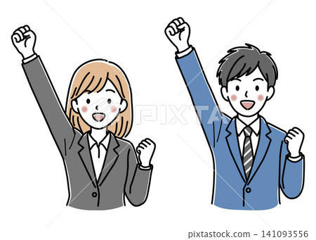 A vector illustration set of a woman raising one hand in cheer and a male office worker (upper body). A vector illustration set of a woman raising one hand in cheer and a male office worker (upper body). 141093556
