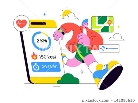 Fitness App Vector Illustration Featuring Workout Tracking, Health Monitoring, Heart Rate Analytics, Step Counter, and Healthy Lifestyle Fitness App Vector Illustration Featuring Workout Tracking, Health Monitoring, Heart Rate Analytics, Step Counter, and Healthy Lifestyle 141093630