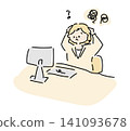 A loosely drawn line drawing of a busy businesswoman with her head in her hands. 141093678