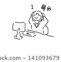 A loosely drawn line drawing of a busy businesswoman with her head in her hands. 141093679