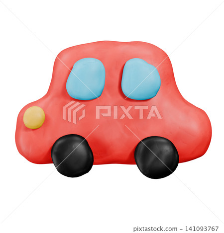 用黏土製作的紅色汽車3DCG影像。可愛的汽車印章圖示。兒童裝飾材料。 用黏土製作的紅色汽車3DCG影像。可愛的汽車印章圖示。兒童裝飾材料。 141093767