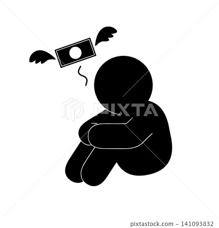 A simple pictogram of a person depressed by money flying away. A simple pictogram of a person depressed by money flying away. 141093832